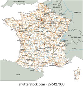 High detailed France road map with labeling.