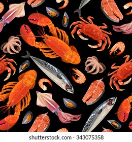 High detailed fresh seafood seamless vector background