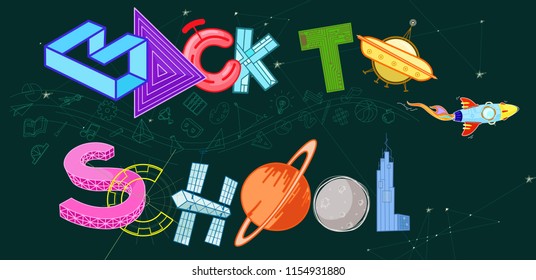 High detailed futuristic back to school typography banner in various design elements with free space for additional text