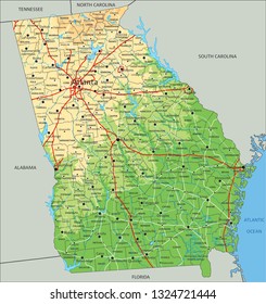 High detailed Georgia physical map with labeling.