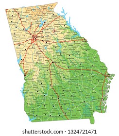 High detailed Georgia physical map with labeling.