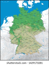 High detailed Germany physical map with cities, rivers, lakes and topography - Vector illustration