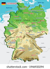 High detailed Germany physical map with regions, rivers, lakes, mountains and topography - Vector illustration