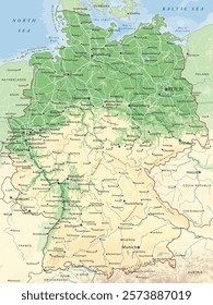 High detailed Germany physical map with labeling.