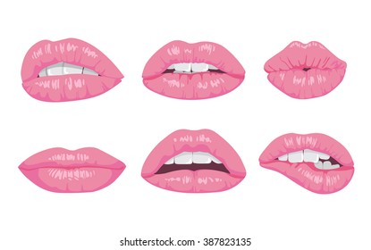 High detailed glossy lips and mouth vector illustration. Open and close up.