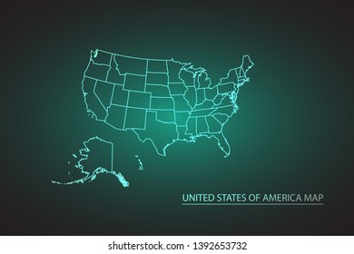 High Detailed Glow Green Map on Dark Background of Map of United States of America symbol for your web site design map logo, app, ui,Travel. Vector illustration eps 10.