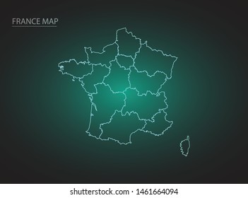 High Detailed Glow Green Map on Dark Background of Map of France symbol for your web site design map logo, app, ui,Travel. Vector illustration eps 10.