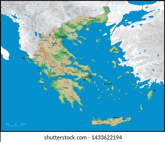 High detailed Greece physical map with cities, rivers, lakes and topography - Vector illustration