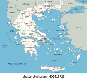 High detailed Greece road map with labeling.