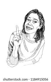 High detailed hand draw character design portrait a young woman smiling and raising her index finger style. Sketch style. Vector