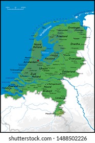 High detailed Holland physical map with cities, rivers, lakes and topography - Vector illustration