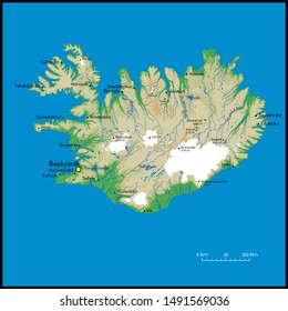 High detailed Iceland physical map with cities, rivers, lakes and topography - Vector illustration