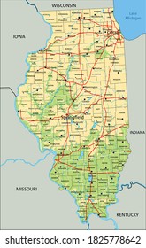 High detailed Illinois physical map with labeling. svg