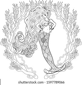 High detailed illustration of a mermaid for adult anti stress coloring book. Drawing with a beautiful underwater girl isolated on white background.  Colouring page for grown ups. Vector