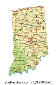 High detailed Indiana physical map with labeling.