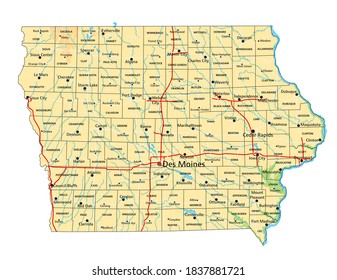 High detailed Iowa physical map with labeling.