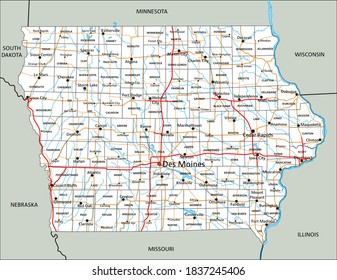 High detailed Iowa road map with labeling.