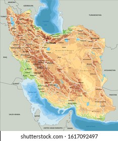 High detailed Iran physical map with labeling.