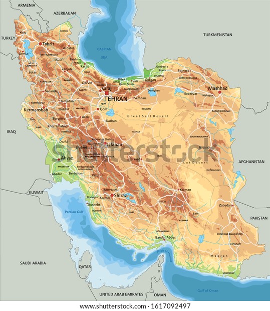 High Detailed Iran Physical Map Labeling Stock Vector (Royalty Free ...
