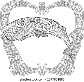 High detailed isolated whale for anti stress coloring book, illustration in tracery style. Vector monochrome drawing with cachalot. Vector marine collection.