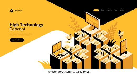 High detailed isometric vector illustration. High technology concept. Landing page template. Header for website. 