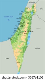 High detailed Israel physical map with labeling.