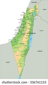 High detailed Israel physical map with labeling.