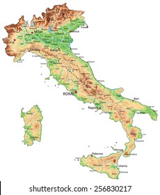 High detailed Italy physical map with labeling.