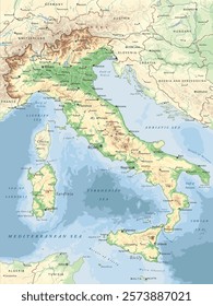 High detailed Italy physical map with labeling.