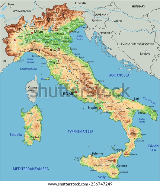 High Detailed Italy Physical Map Labeling Stock Vector Royalty