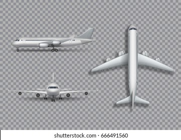 High detailed Jet airplane on a white background. Airplane in profile, from the front and top view isolated vector illustration Airline Travel Concept. Commercial Passenger planes set. 