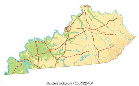 High detailed Kentucky physical map.