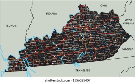 High Detailed Kentucky Road Map With Labeling.