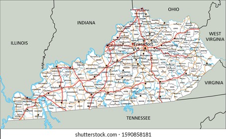 High Detailed Kentucky Road Map With Labeling.