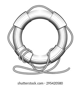 High detailed Lifebelt, lifebuoy drawn in engraving style. Isolated on white background.
