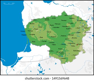 High detailed Lithuania physical map with cities, rivers, lakes and topography - Vector illustration