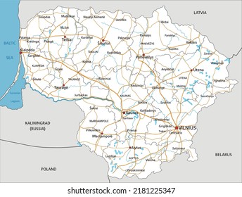 High detailed Lithuania road map with labeling.