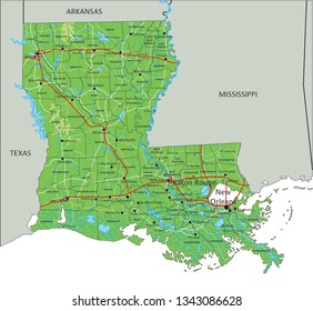 High detailed Louisiana physical map with labeling.