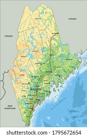 High detailed Maine physical map with labeling.