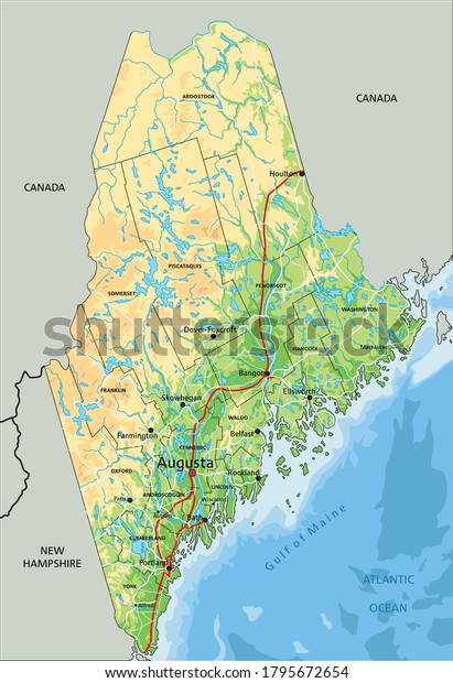 High Detailed Maine Physical Map Labeling Stock Vector (Royalty Free ...