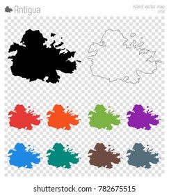 High detailed map of Antigua island. Island silhouette icon. Isolated Antigua black map outline. Vector illustration.