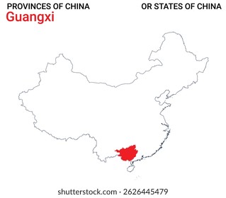 Mapa detalhado da ilustração do vetor de Guangxi. Contorno Mapa da província de Guangxi sobre fundo branco. China.