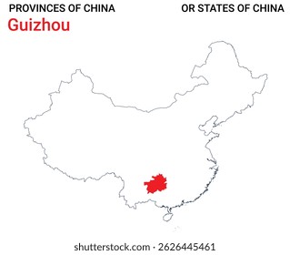 High detailed map of Guizhou vector illustration. Outline Guizhou province map on white background. China.