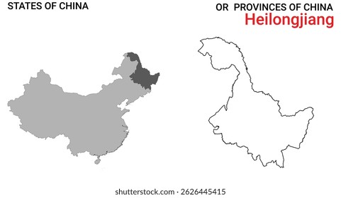 Mapa detalhado da ilustração vetorial de Heilongjiang. Descreva o mapa da província de Heilongjiang sobre fundo branco. China.