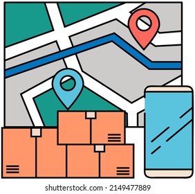 High detailed map in phone app. Program for navigation, tracking and delivery with gps technology. Map with marks, digital scheme near smartphone. Guide roads and routes in tracking application