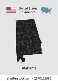 Hochdetaillierter Kartenstatus Alabama. Die Vereinigten Staaten von Amerika Illustrationen teilten sich in Staaten auf. Vektor-Vorlage: Alabama USA für Ihren Hintergrund, Ihre Website, Ihr Muster, Ihre Infografik
