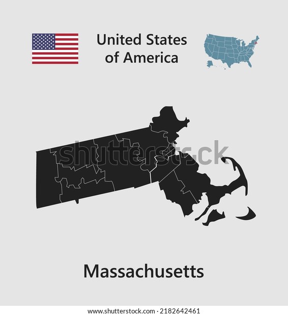 High detailed map state Massachusetts. United
states of America illustration divided on states. Vector template
state Massachusetts USA for your background, website, pattern,
infographic