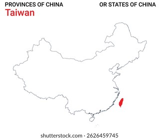 High detailed map of Taiwan vector illustration. Outline Taiwan province map on white background. China.