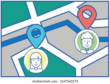 High detailed map with user profile icons. Program for navigation and tracking with gps technology. Map with marks, digital scheme with people. Guide roads and routes in tracking application