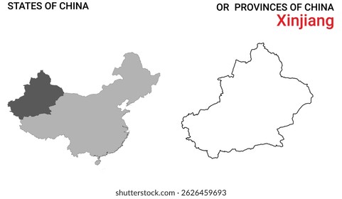 Mapa detalhado da ilustração do vetor de Xinjiang. Contornar mapa da província de Xinjiang em fundo branco. China.